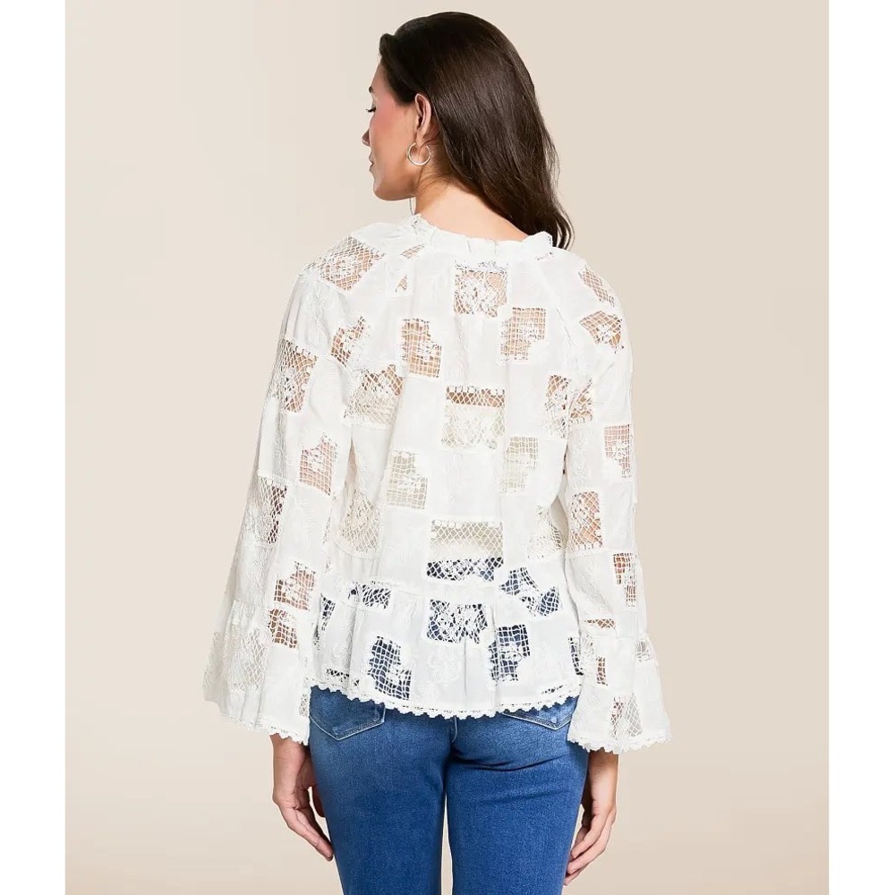Blue B Crochet Peplum Top White Small V-Neck Bell Sleeve 37129T - Picture 2 of 12